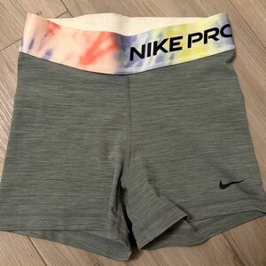 Nike Pro Olive Green Bike Shorts with Multicolor Tie-Dye Waistband